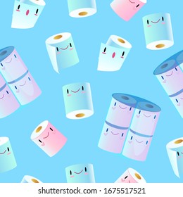 Vektorillustration nahtloses Muster mit süßen Toilettenpapier Rollen auf blauem Hintergrund. Kawaii Textur mit lächelnden Pflegeprodukten in rosa und blauen Farben für Packpapier, Blattwerk, Textilien, Drucke.
