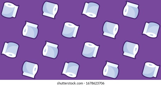 Vector seamless pattern with cute toilet paper rolls on the purple background. Cartoon texture with toiletries in white colors for wrapping paper, foliage, textile, prints.