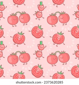 Vector seamless pattern with cute tomatoes vegetable characters