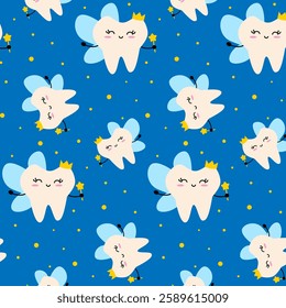 Vector seamless pattern with cute tooth fairy cartoon character in crown holding magic wand on blue background 