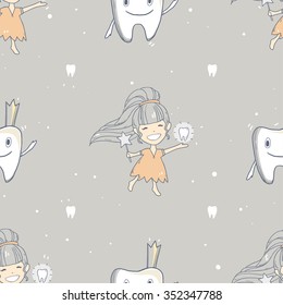 Vector seamless pattern with cute Tooth Fairy girl, Tooth and magic wand in her hands 