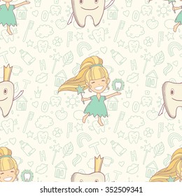 Vector seamless pattern with cute Tooth Fairy girl, Tooth and magic wand in her hands 