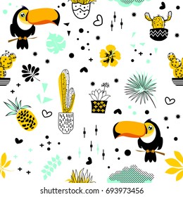 Vector seamless pattern with cute toucan, cactus, flowers and exotic tropical leaves. Pattern for fabric, baby clothes, background, textile, wrapping paper and other decoration. Vector illustration.