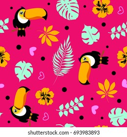 Vector seamless pattern with cute toucan, cactus, flowers and exotic tropical leaves. Pattern for fabric, baby clothes, background, textile, wrapping paper and other decoration. Vector illustration