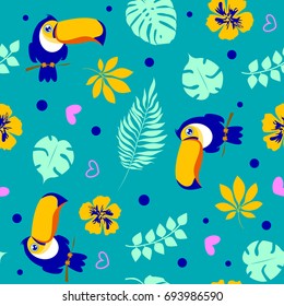 Vector seamless pattern with cute toucan, cactus, flowers and exotic tropical leaves. Pattern for fabric, baby clothes, background, textile, wrapping paper and other decoration. Vector illustration