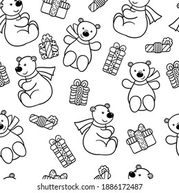 Vector seamless pattern with cute toy bear in a scarf with a holiday gift, coloring page