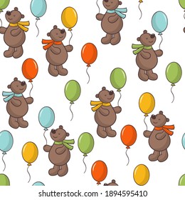 Vector seamless pattern with cute toy bears in a scarf with a holiday gifts, for the design of packages, covers, textile prints