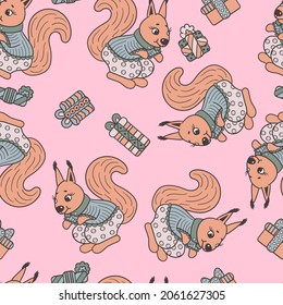 Vector seamless pattern with cute toy squirrels and gifts on a pink background