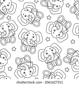 Vector seamless pattern with cute toy elephants and stars. Coloring page