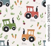 Vector seamless pattern with cute tractors and vegetables. Pattern for bedroom, wallpaper, kids and baby wear.