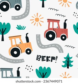 Vector seamless pattern with cute tractors. Pattern for bedroom, wallpaper, kids and baby wear.