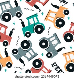 Vector seamless pattern with cute tractors. Pattern for bedroom, wallpaper, kids and baby wear.