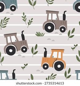 Vector seamless pattern with cute tractors. Pattern for bedroom, wallpaper, kids and baby wear.