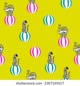 Vector seamless pattern with cute trained cat and balls. Circus animal show.Bright stylish design for fabric, wallpaper or gift paper.