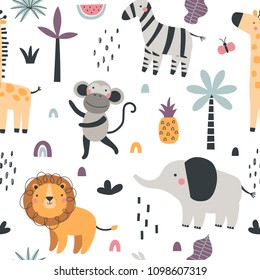 Vector seamless pattern with cute tropical animals