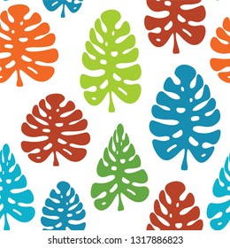 Vector seamless pattern. Cute tropical plants in urban jungle style, monstera leaves on white background. Cute, festive random colors. Perfect for textile, fabric ornament, paper print, backgrounds