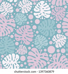 Vector seamless pattern. Cute tropical plants with bobbles , monstera leaves. Modern random colors. Perfect for textile, texture, fabric ornament, paper print and simple backgrounds