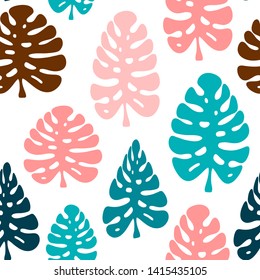 Vector seamless pattern. Cute tropical plants in urban jungle style, monstera leaves on white background. Cute, festive random colors. Perfect for textile, fabric ornament, paper print and  background