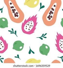 Vector Seamless Pattern With Cute Tropical Fruits Isolated On White Background. Papaya, Dragon Fruit, Lemon & Lime Fruits Doodles. Freehand Drawing On South East Asian Healthy Dessert, Smoothie, Juice