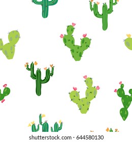 Vector seamless pattern with cute tropical cactus with flowers inspired by exotic tropical garden succulents. Cute green nature backdrop perfect for baby textile or wrapping paper