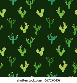 Vector seamless pattern with cute tropical cactus with flowers inspired by exotic tropical garden succulents. Cute green nature backdrop perfect for baby textile or wrapping paper