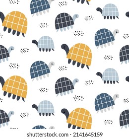 Vector seamless pattern with cute turtles and dots on a white background. Children's cute illustration. Ideal for clothing design, wrapping paper, wallpaper.