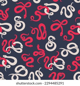 Vector seamless pattern with cute twisted colorful snakes. Pink and white serpents randomly repeating on a dark background.