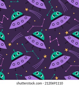 Vector seamless pattern with cute ufo, stars and constellations. Retro space background with fun alien characters. Can be used for textile, wrapping paper, wallpaper for kids nursery and other design