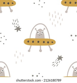 vector seamless pattern, cute ufo aliens in spaceship, textile outer space print