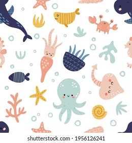 vector seamless pattern, cute underwater animals, fish and seaweed