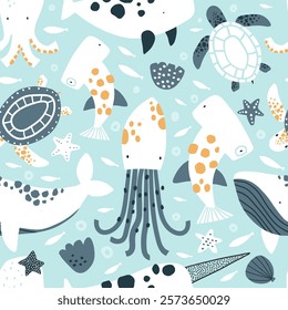 Vector seamless pattern with cute underwater animals, fish, shells. Sea. Whale, turtle, octopus, narwhal, hammerhead shark, starfish. Creative kids texture for fabric, wrapping, textile, wallpaper. 