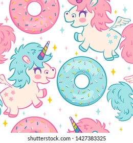 Vector seamless pattern with cute unicorn and donuts. Funny pattern for children with cute unicorn and donuts. Kids pattern with unicorns in kawaii style.