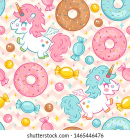 Vector seamless pattern with cute unicorn and donuts and candies. Funny pattern for children with cute unicorn and donuts. Kids pattern with unicorns in kawaii style. Unicorn and sweet candy.