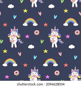 Vector seamless pattern with cute unicorn, donut, star, hearts, rainbow and cloud. Endless background for textiles, notebooks, cards and children’s birthday celebrations.