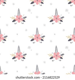 vector seamless pattern, cute unicorn face with flowers