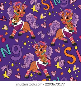 Vector seamless pattern with cute unicorn singer. Magic repeated texture with cartoon characters. Childish print for kids fabric, design, print, decor, wrapping paper. Purple fantasy background
