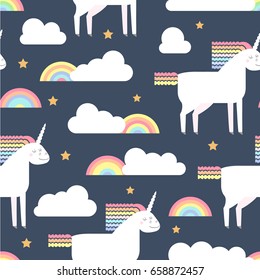 Vector seamless pattern with cute unicorn in flat style. Unicorn with rainbow mane and tail with clouds and rainbows for infant design.