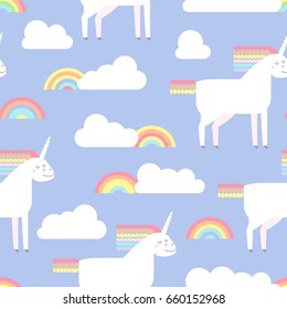 Vector seamless pattern with cute unicorn in flat style. Unicorn with rainbow mane and tail with clouds and rainbows for infant design.