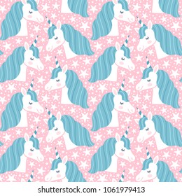 Vector seamless pattern with cute unicorns. Childish repeated texture with magic cartoon characters. Fantasy background.