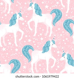 Vector seamless pattern with cute unicorns. Childish repeated texture with magic cartoon characters. Fantasy background.