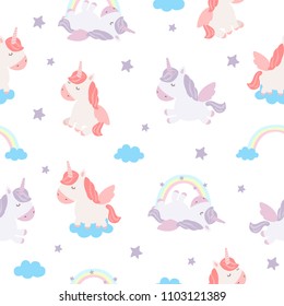 Vector seamless pattern with cute unicorns and rainbows. Wallpaper with adorable objects on background, pastel colors. Valentine's day, anniversary, save the date, baby shower, birthday

