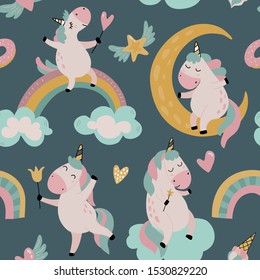 Vector seamless pattern with cute unicorns, clouds, rainbow, stars. Magical endless background for children design.