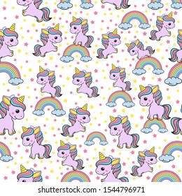 Vector seamless pattern with cute unicorns, clouds,rainbow and stars. Magic background with little unicorns