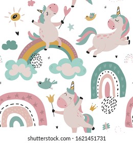 Vector seamless pattern with cute unicorns, clouds, rainbow, stars. Magical endless background for children design.