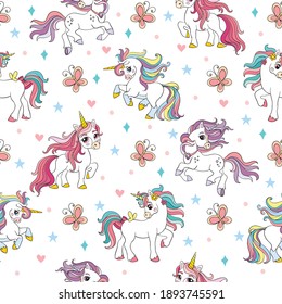 Vector seamless pattern with cute unicorns with colorful manes isolated on white background. Illustration for party, print, baby shower, wallpaper, design, decor,design cushion, linen, dishes.