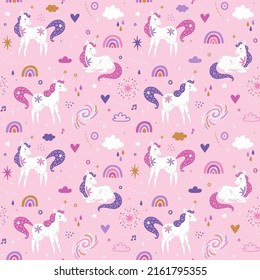 Vector seamless pattern with cute unicorns, rainbows, clouds and stars. Magic repeated texture with cartoon characters. Childish print for kids fabric and wrapping paper. Pink fantasy background