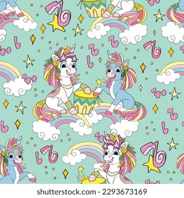 Vector seamless pattern with cute unicorns beating the drum. Magic repeated texture with cartoon characters. Childish print for kids fabric, design, print, decor, wrapping paper. Fantasy background