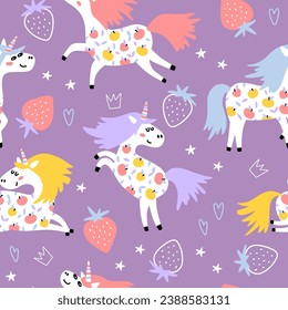 Vector seamless pattern with cute unicorns, berries and stars. Magic background with cartoon characters. Childish print for fabric or wrapping paper