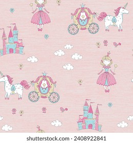 Vector seamless pattern with cute unicorns, rainbows, clouds and stars. Magic repeated texture with cartoon characters. Childish print for kids fabric and wrapping paper. Pink fantasy background