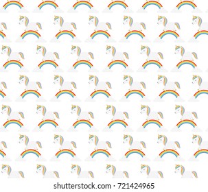 Vector seamless pattern with cute unicorns, decorative clouds and rainbow. All elements are  hidden under mask. Pattern are not cropped and can be edited. Fairytale. Dream. Fantasy. Magic